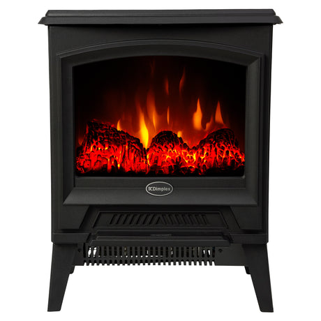 Black 2 kW portable electric stove with flame effect over a lava rock fuel bed