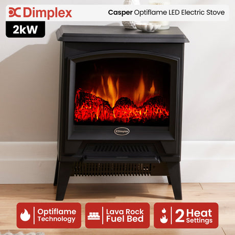 Front view of compact electric stove with glass door and cast iron effect finish
