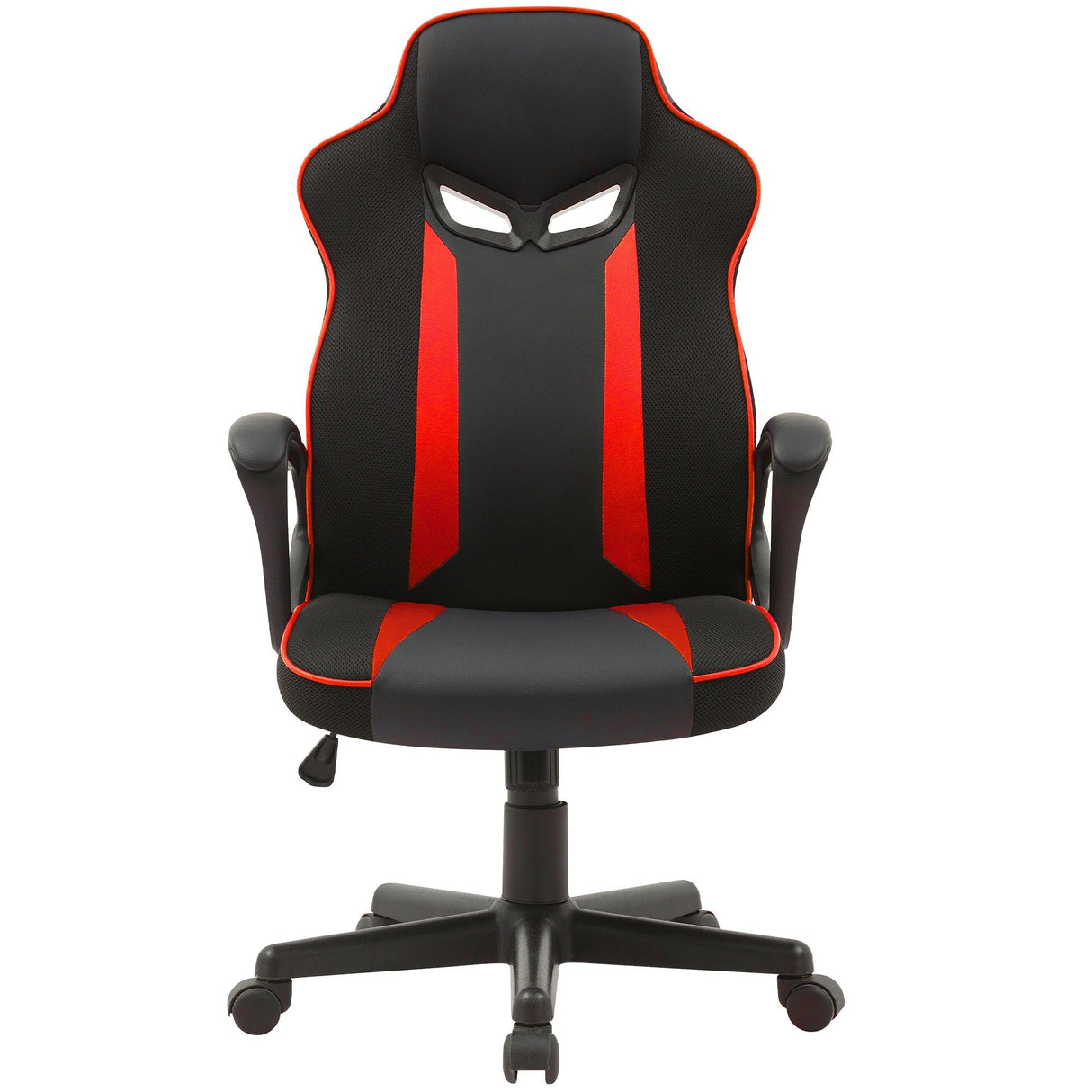 Mundaring black and red racing gaming chair with reclining backrest and swivel base at a desk