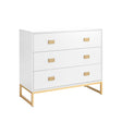 Zuheros three drawer tallboy dresser in white and gold