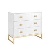 Zuheros three drawer tallboy dresser in white and gold
