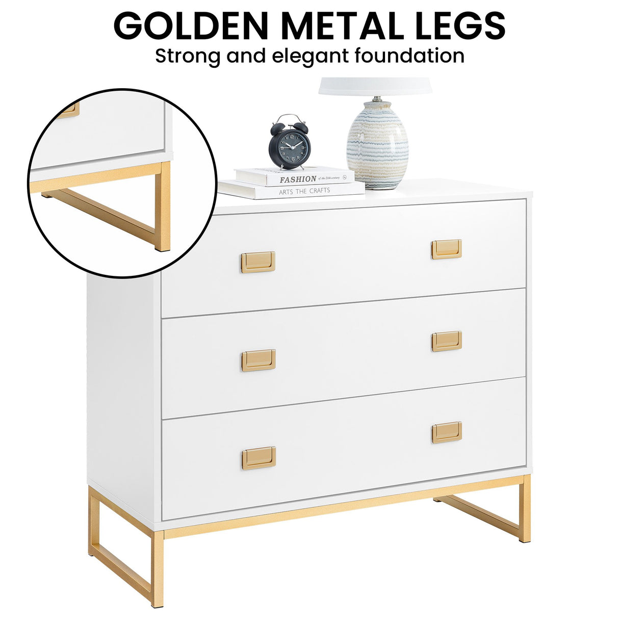 Zuheros Tallboy Dresser, 3 Drawer, White and Gold