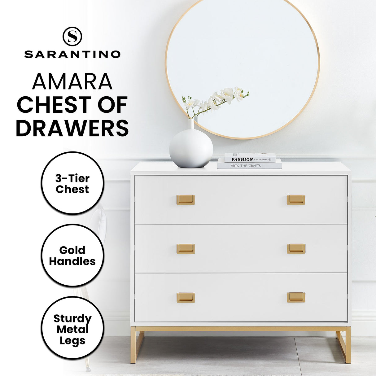 Zuheros Tallboy Dresser, 3 Drawer, White and Gold