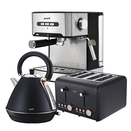 Black breakfast set with espresso machine, 1.7 litre kettle and 4 slice toaster