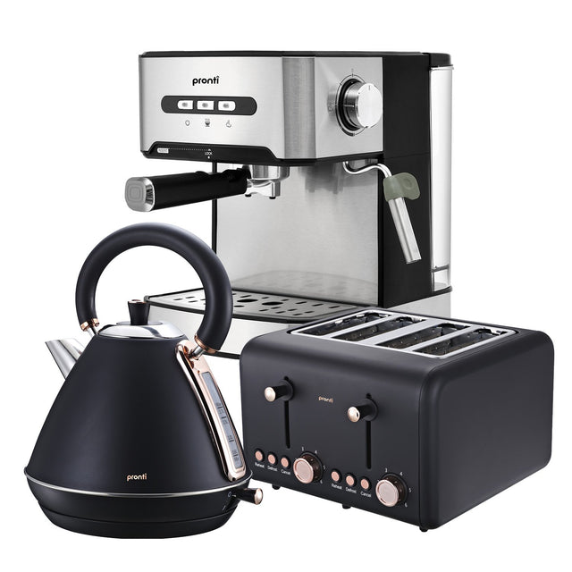 Black breakfast set with espresso machine, 1.7 litre kettle and 4 slice toaster