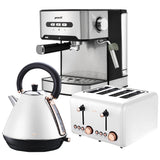 White breakfast set with espresso machine, 1.7 litre kettle and 4 slice toaster