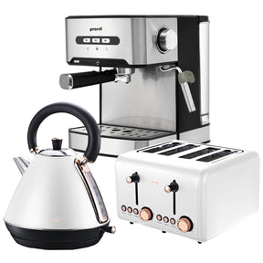 White breakfast set with espresso machine, 1.7 litre kettle and 4 slice toaster