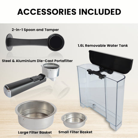 Removable 1.6 litre water tank on white espresso coffee machine