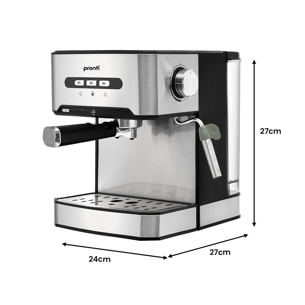 Dimensions of espresso machine, kettle and toaster in white breakfast set