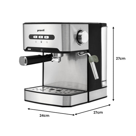 Dimensions of espresso machine, kettle and toaster in white breakfast set