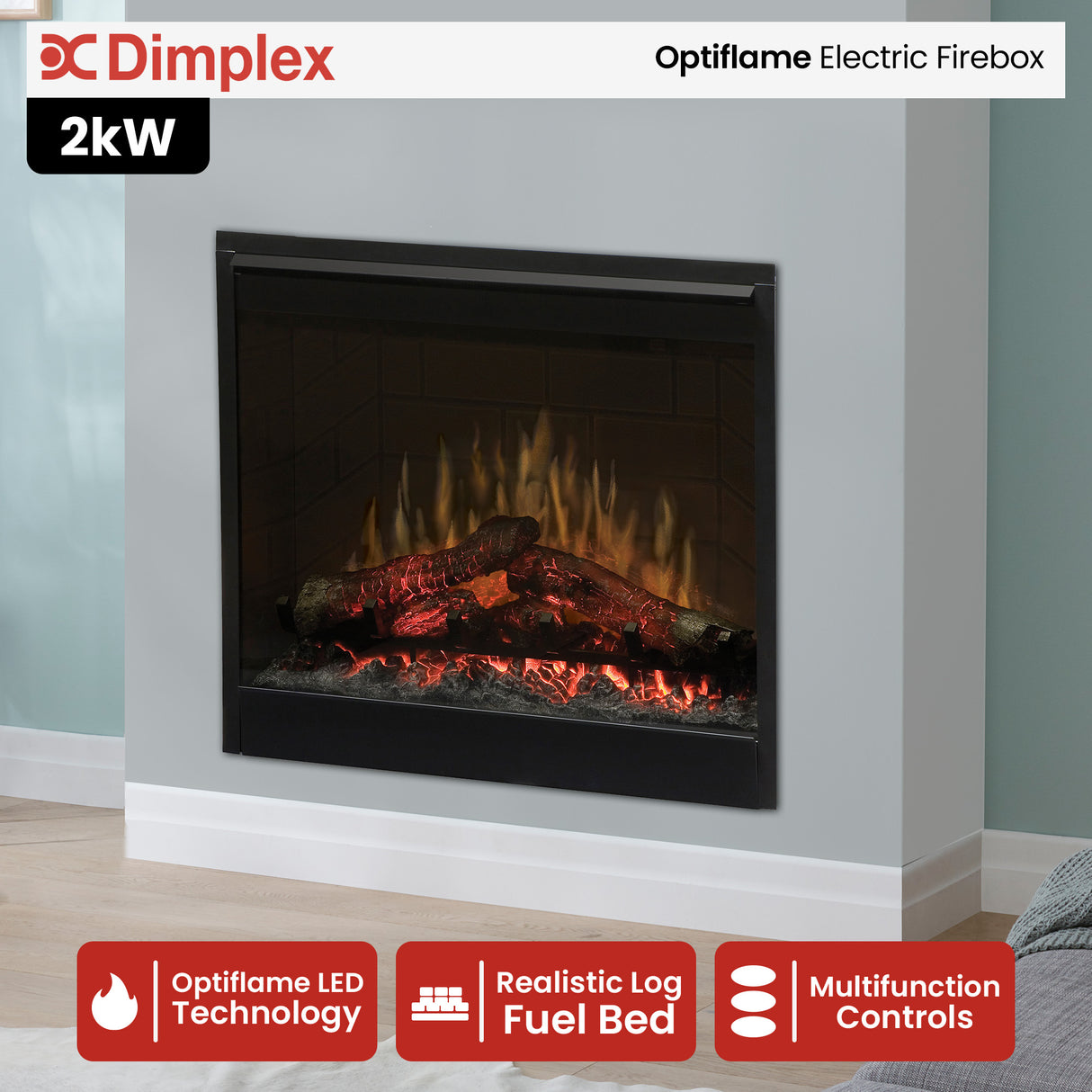 Front view of 2 kW electric firebox showing glowing logs behind cool touch glass