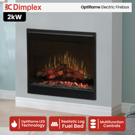 Front view of 2 kW electric firebox showing glowing logs behind cool touch glass