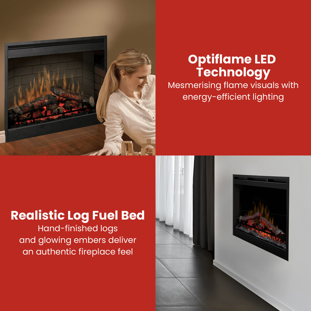 Close up of the realistic log fuel bed and LED flame effect