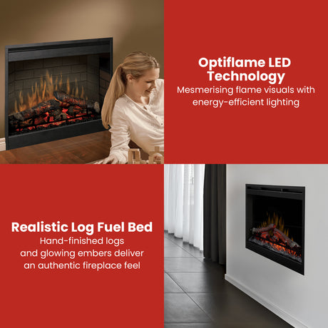 Close up of the realistic log fuel bed and LED flame effect
