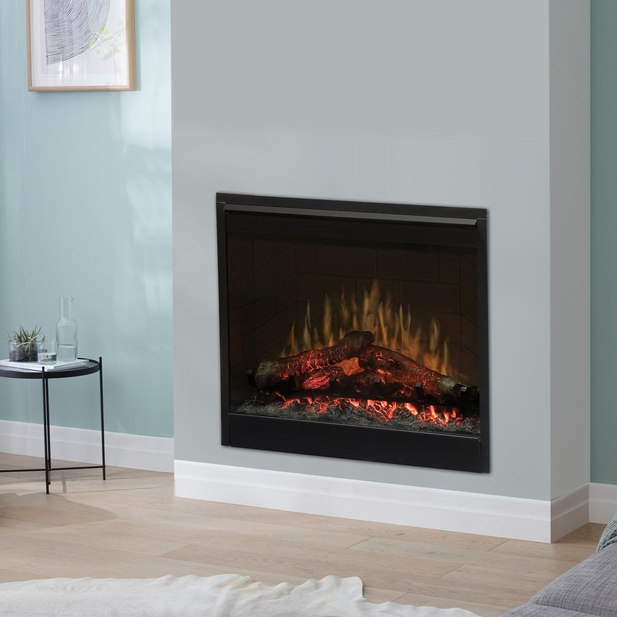 Electric firebox heater installed in a mantel surround in a living room