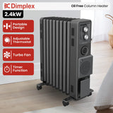 Front view of black column heater showing slim fin design