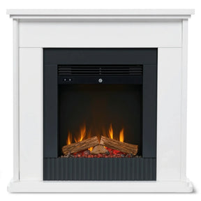 White freestanding electric fireplace suite with LED flame and log effect