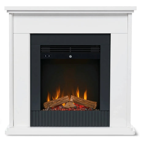 White freestanding electric fireplace suite with LED flame and log effect