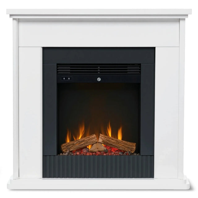 White freestanding electric fireplace suite with LED flame and log effect