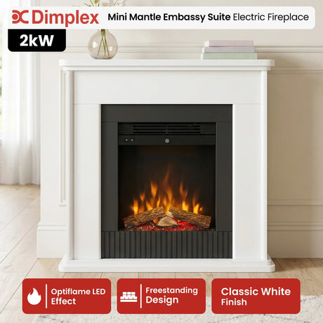 Front view of 2 kW white electric fireplace suite measuring 87 cm wide