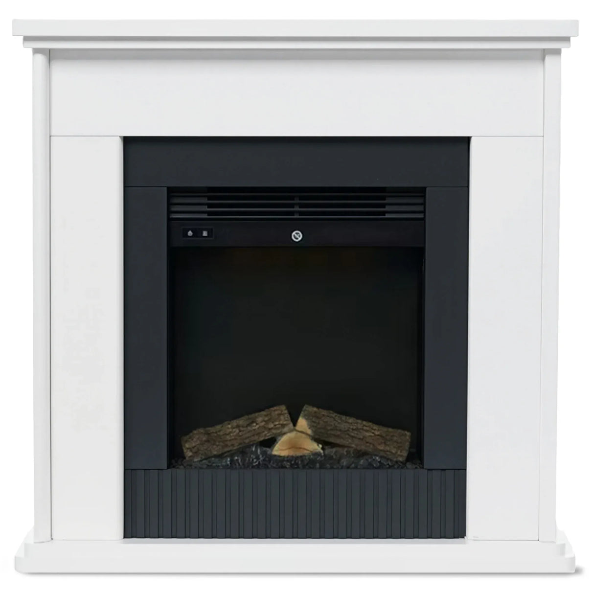 Touch sensitive cap sense controls on the white electric fireplace suite