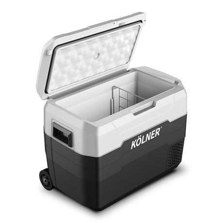 Portable fridge freezer opened showing the 40 L interior