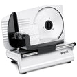 White electric food slicer with 190 mm stainless steel blade and thickness dial