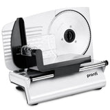White electric food slicer with 190 mm stainless steel blade and thickness dial
