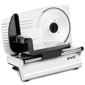 White electric food slicer with 190 mm stainless steel blade and thickness dial