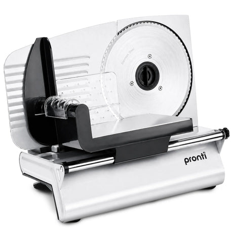 White electric food slicer with 190 mm stainless steel blade and thickness dial