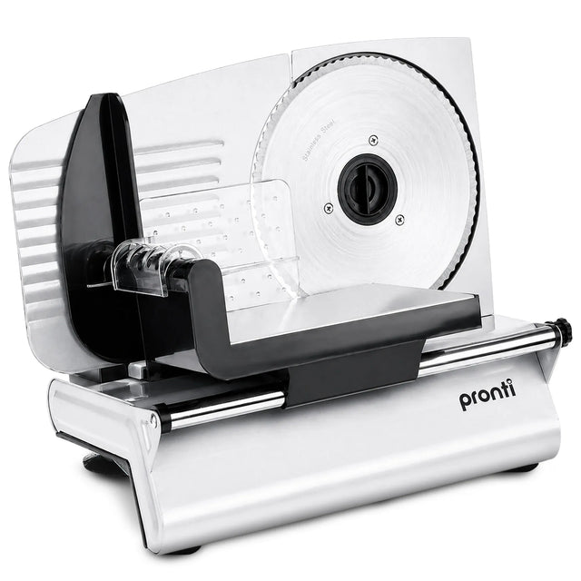White electric food slicer with 190 mm stainless steel blade and thickness dial