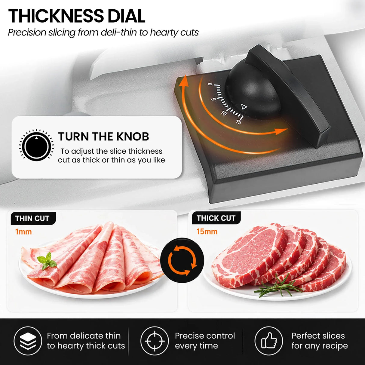 Detachable rod and blade removal detail on white food slicer