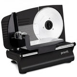 Black electric food slicer with 190 mm stainless steel blade and thickness dial