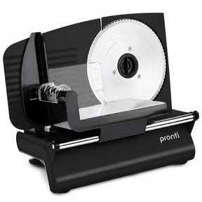Black electric food slicer with 190 mm stainless steel blade and thickness dial