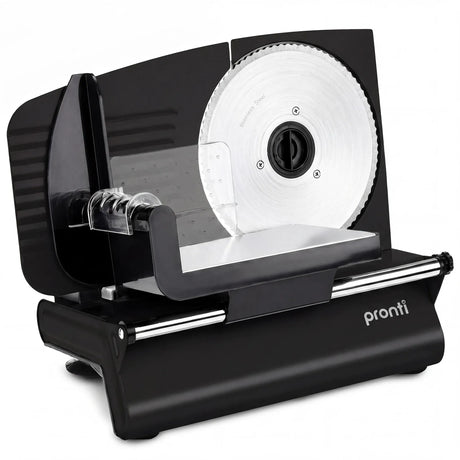 Black electric food slicer with 190 mm stainless steel blade and thickness dial