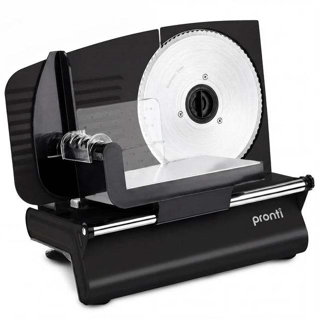 Black electric food slicer with 190 mm stainless steel blade and thickness dial