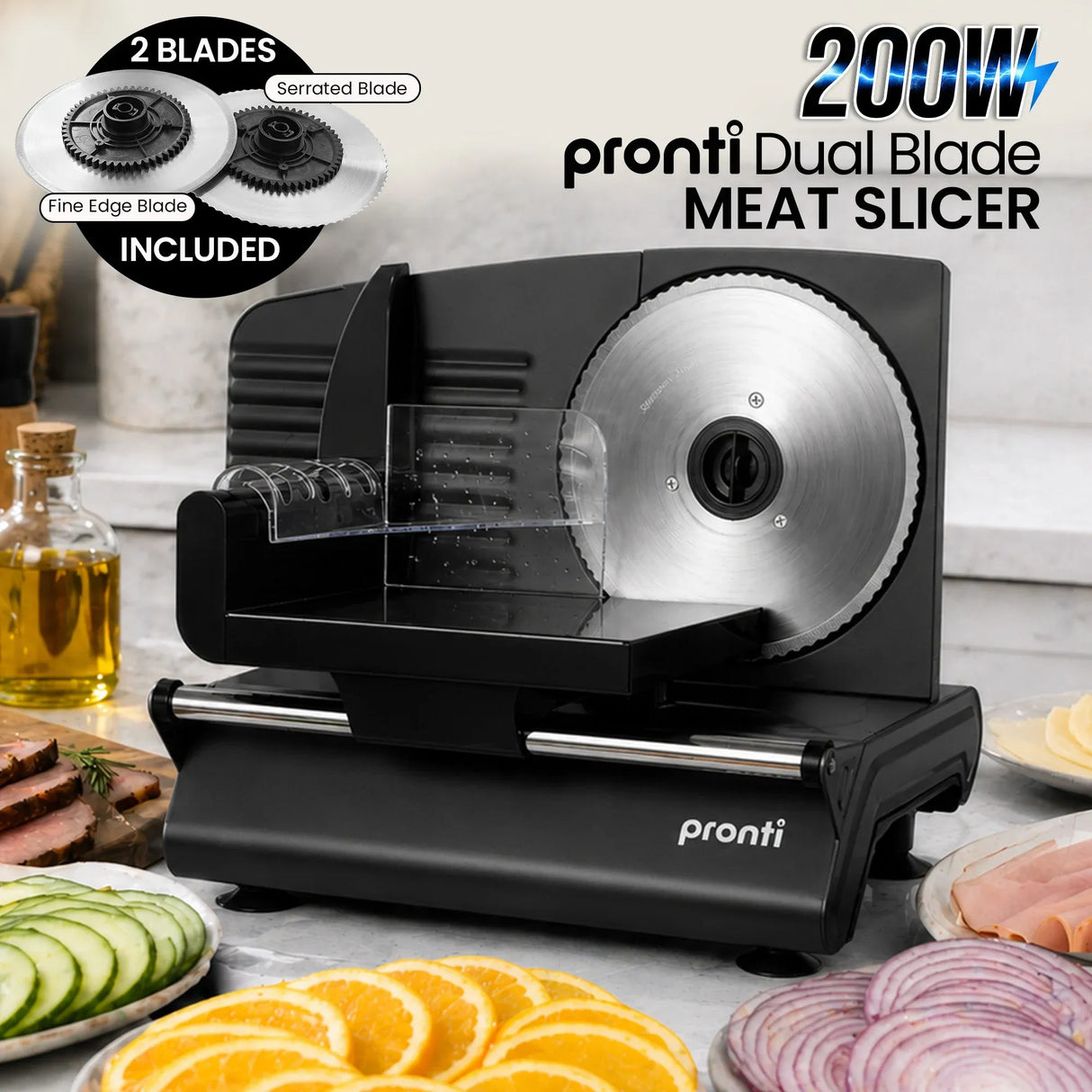 Thickness control dial set between 1 and 15 mm on black food slicer