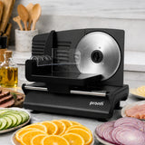 Black electric food slicer with sliced bread and vegetables