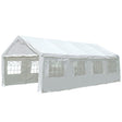 White 4 x 8 m party marquee set up on grass with the side walls fitted
