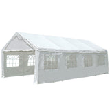 White 4 x 8 m party marquee set up on grass with the side walls fitted