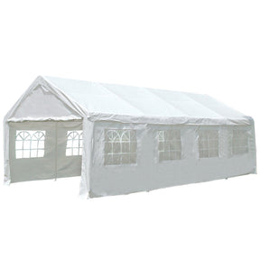 White 4 x 8 m party marquee set up on grass with the side walls fitted