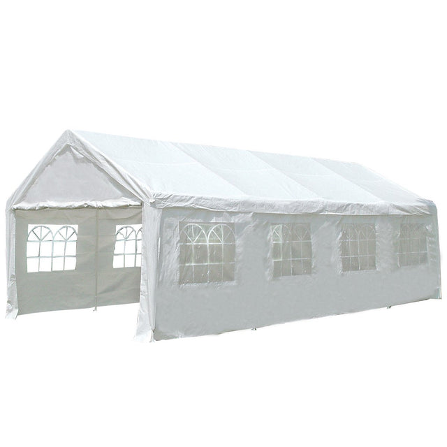 White 4 x 8 m party marquee set up on grass with the side walls fitted
