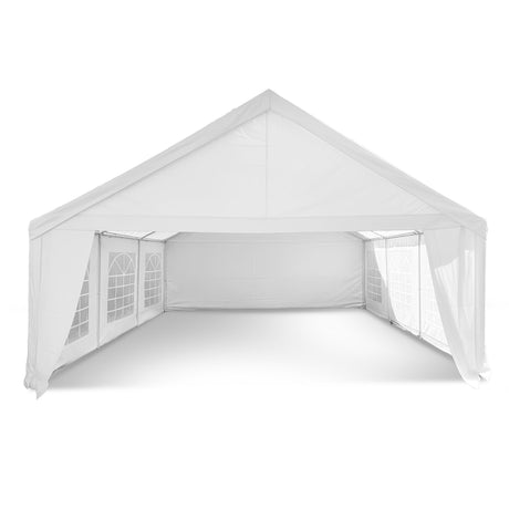 White 6 x 6 m outdoor event marquee set up on lawn with side walls fitted