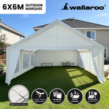Interior of the 6 x 6 m marquee showing the white steel frame and roof