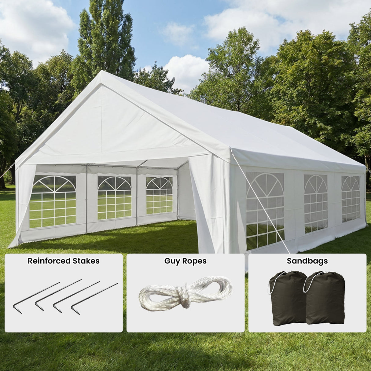 Marquee in use at an outdoor party with tables set up underneath