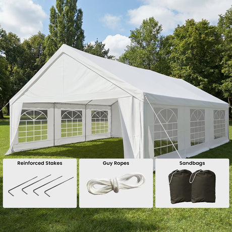 Marquee in use at an outdoor party with tables set up underneath