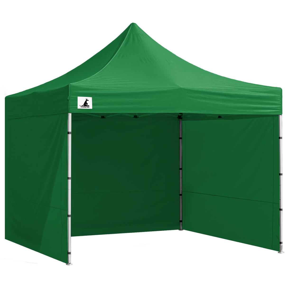 Green pop up gazebo 3 x 3 m set up on grass with the roof extended