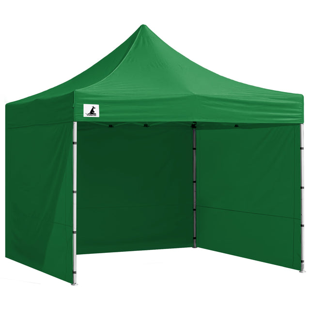 Green pop up gazebo 3 x 3 m set up on grass with the roof extended