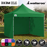 Side view of the green folding marquee showing the valance and steel legs