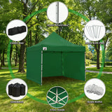 Two people expanding the green gazebo frame during setup